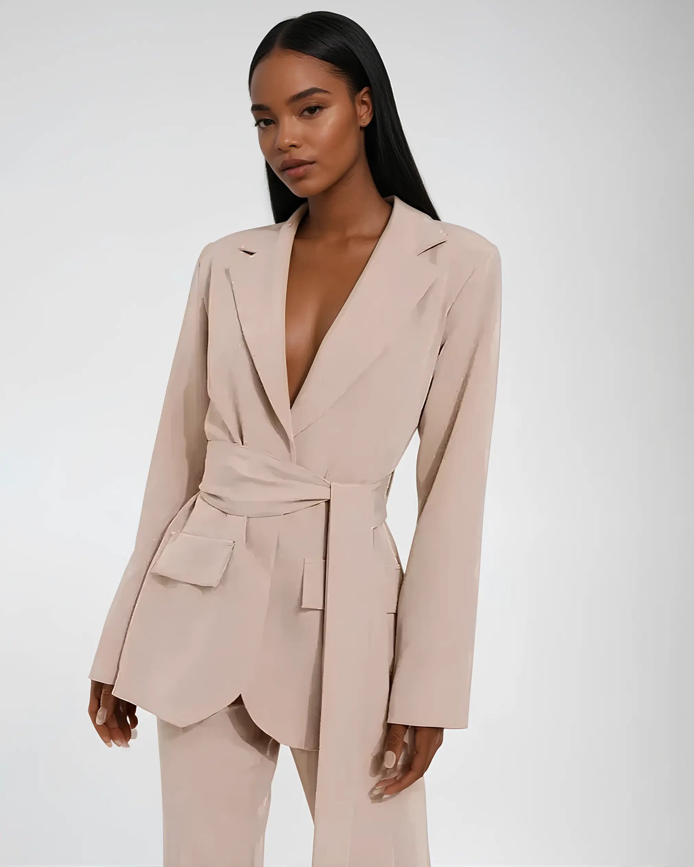 Ensemble mi-long Blazer à nouer et Pantalon beige CM Outfit